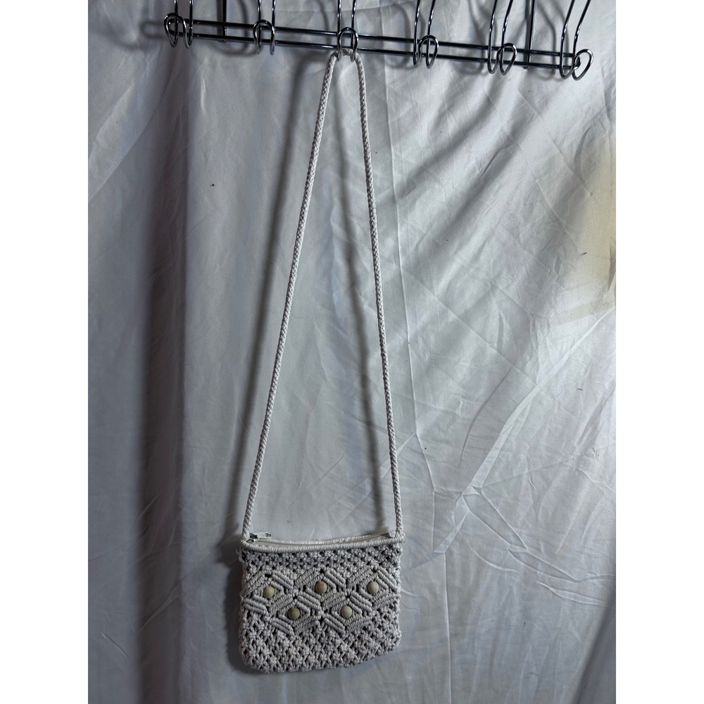 Handmade Macrame Crossbody Bag Small Cream Wood Bead Boho Women - Picture 4 of 7
